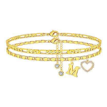 🎁 14k-Gold Plated-Double-Layer 26-Letter-Tone Chain Heart-Shaped Anklet with a heart-shaped pendant