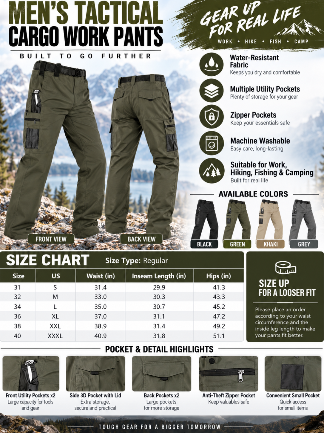 ✨Men's Tactical Cargo Work Pants – Water-Resistant Multi-Pocket Utility for Hiking & Outdoor