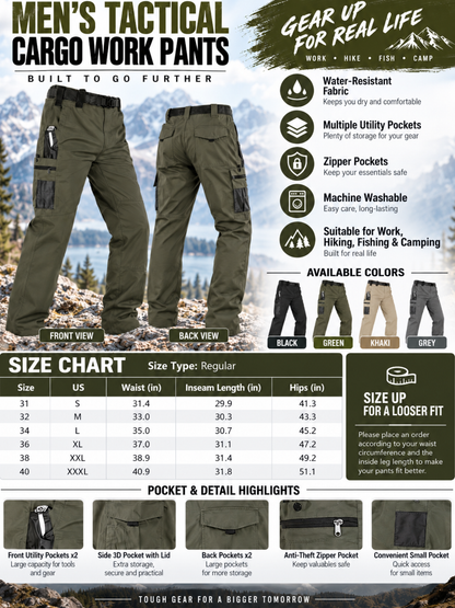 ✨Men's Tactical Cargo Work Pants – Water-Resistant Multi-Pocket Utility for Hiking & Outdoor