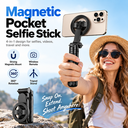 ✨Magnetic Pocket Selfie Stick – 4-in-1 Rechargeable Remote Control Quadrant, Perfect for Travel and Vlogging