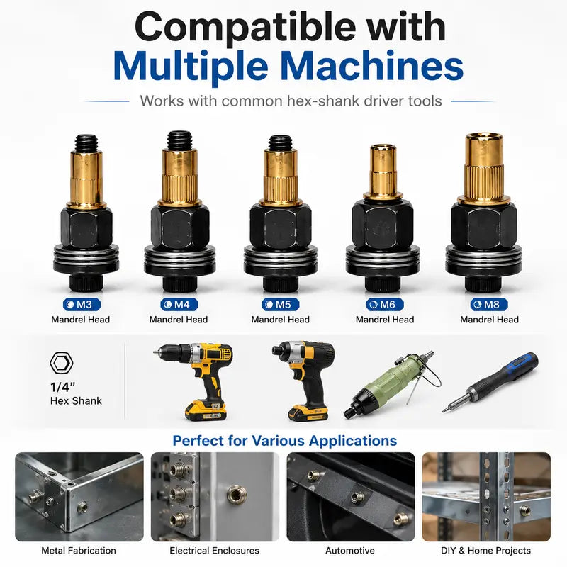 ✨Rivet Nut Tool Kit – M3-M8 Mandrel Heads & Hex Bits for Auto & DIY Repair