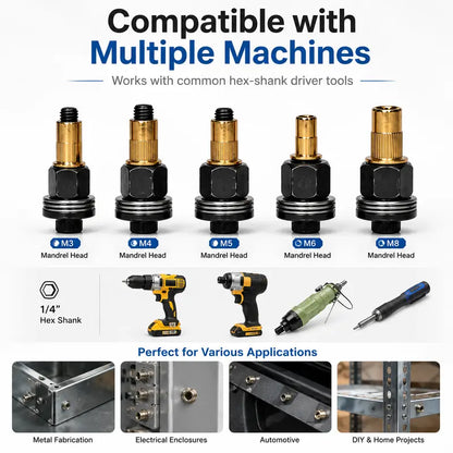 ✨Rivet Nut Tool Kit – M3-M8 Mandrel Heads & Hex Bits for Auto & DIY Repair