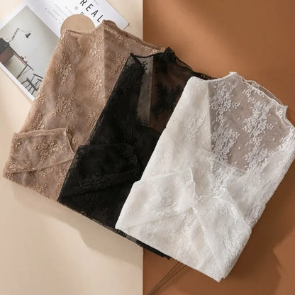 👚 Soft, Stretchy, Effortless – Floral Lace Mesh Long-Sleeve Top, Breathable Innerwear for All-Season Layering