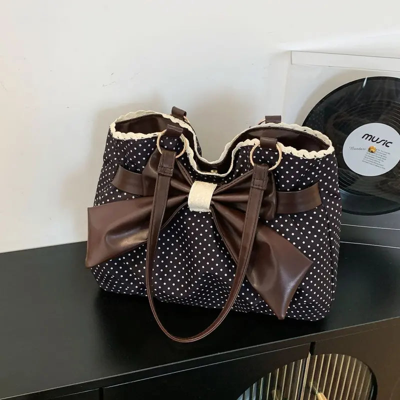 👜 Women's Casual Shoulder Tote – Polka Dot Print, Big Bow Detail, Large Capacity for Gym & Outdoors