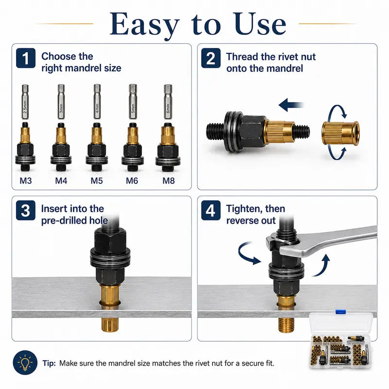 ✨Rivet Nut Tool Kit – M3-M8 Mandrel Heads & Hex Bits for Auto & DIY Repair