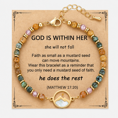 Women's Mustard Seed Gemstone Bracelet – Inspirational Mountain Charm, Adjustable Beaded Faith Bracelet