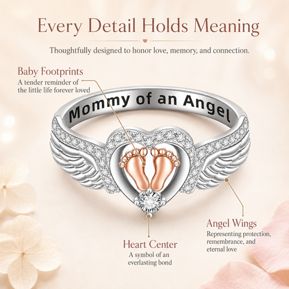 Mommy of an Angel Memorial Ring – Angel Wings & Baby Footprints Keepsake Jewelry