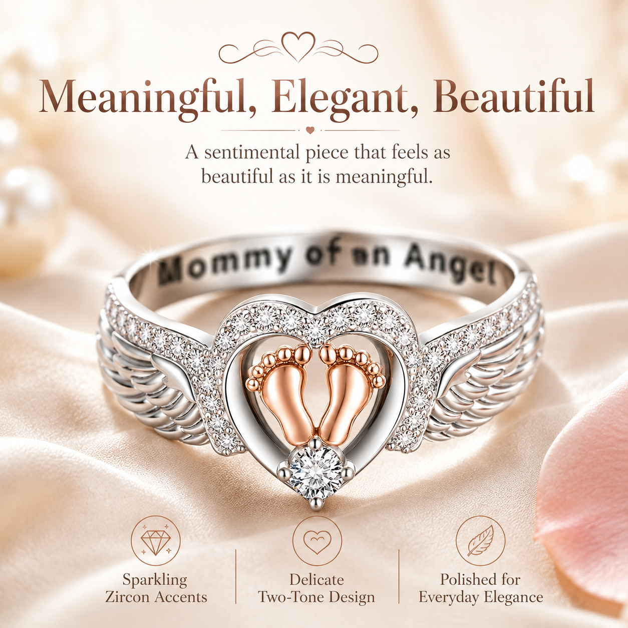Mommy of an Angel Memorial Ring – Angel Wings & Baby Footprints Keepsake Jewelry