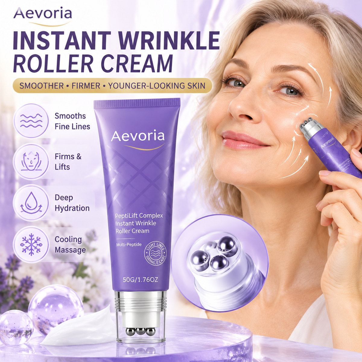 💜 Anti-Wrinkle Eye Cream Roller – Peptide & Collagen Hydrating Care with 6 Cooling Metal Massage Beads ✨