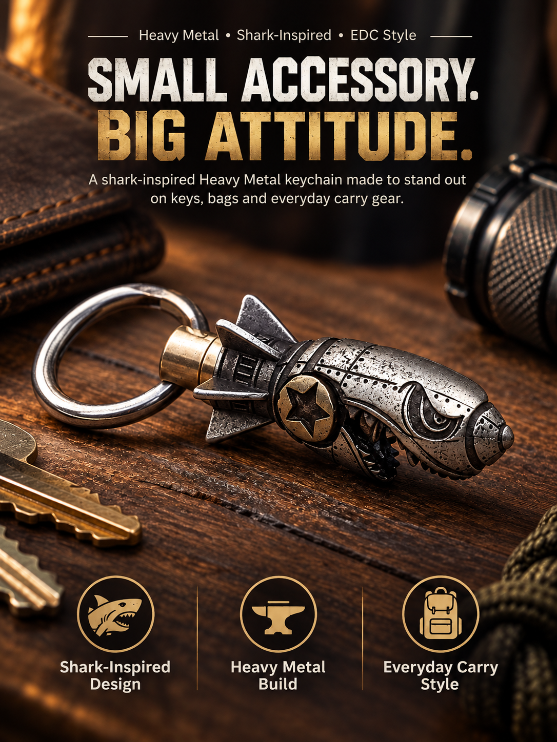 3D Shark Warhead Keychain – Heavy-Duty Stainless Steel Men's Pendant