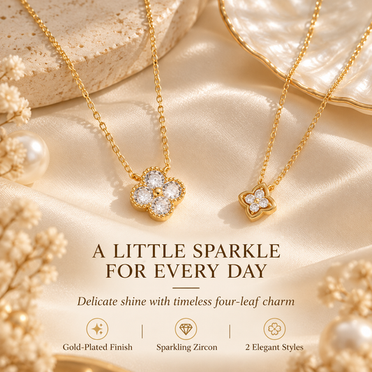 14K Gold-Plated Four-Leaf Zircon Necklace – Delicate Pendant Jewelry for Women