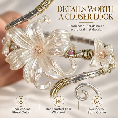 Boho Pearl Flower Upper Arm Cuff – Adjustable Spiral Armlet