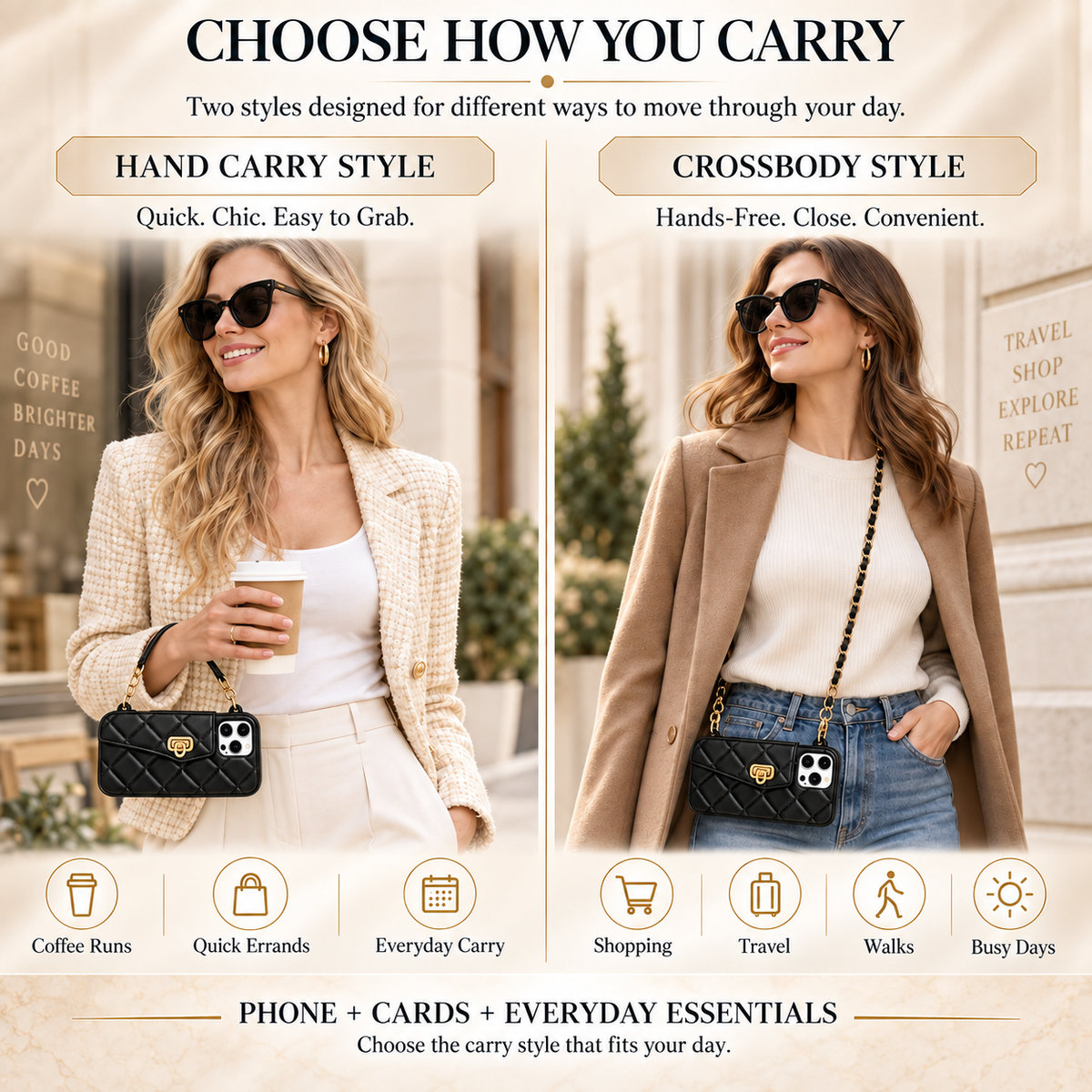 Flip Wallet Phone Case – Quilted Mini Purse with Card Pouch, Hand Carry & Crossbody Styles