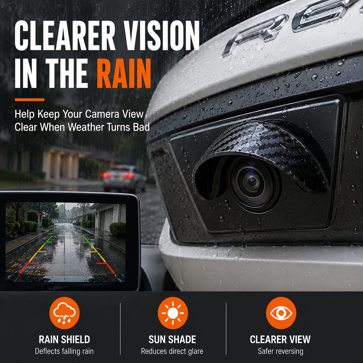 Car Camera Rain Shield – Carbon Fiber Waterproof Visor for Clearer Rear & Side Camera View