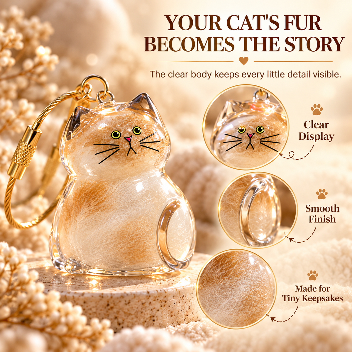6-Piece Cat Fur Keepsake Charms – Pet Hair Memory Keychains for Cat Lovers