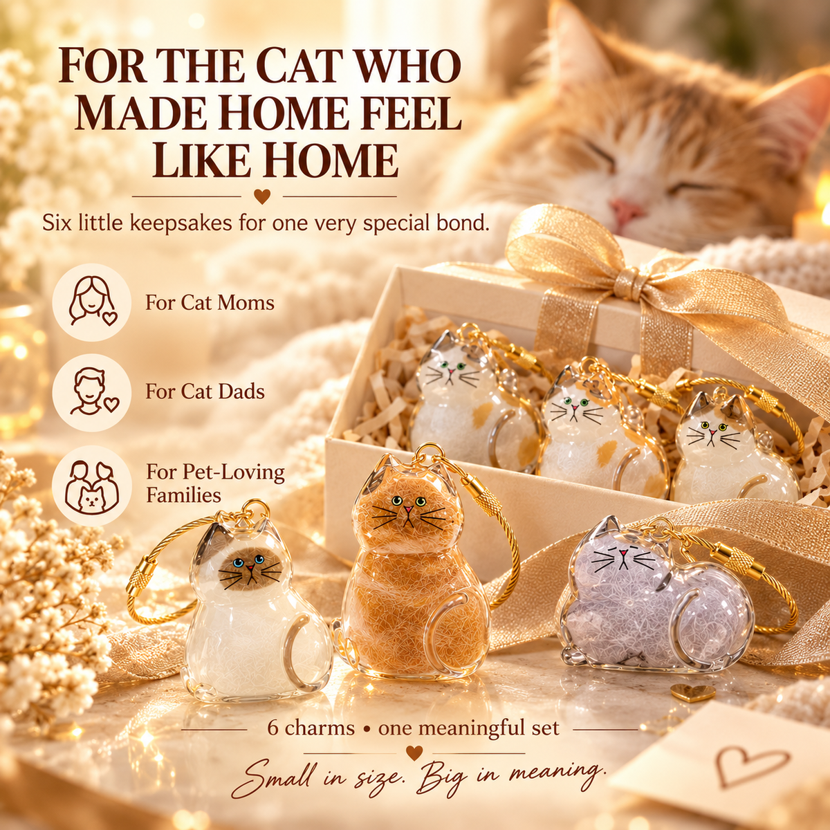 6-Piece Cat Fur Keepsake Charms – Pet Hair Memory Keychains for Cat Lovers