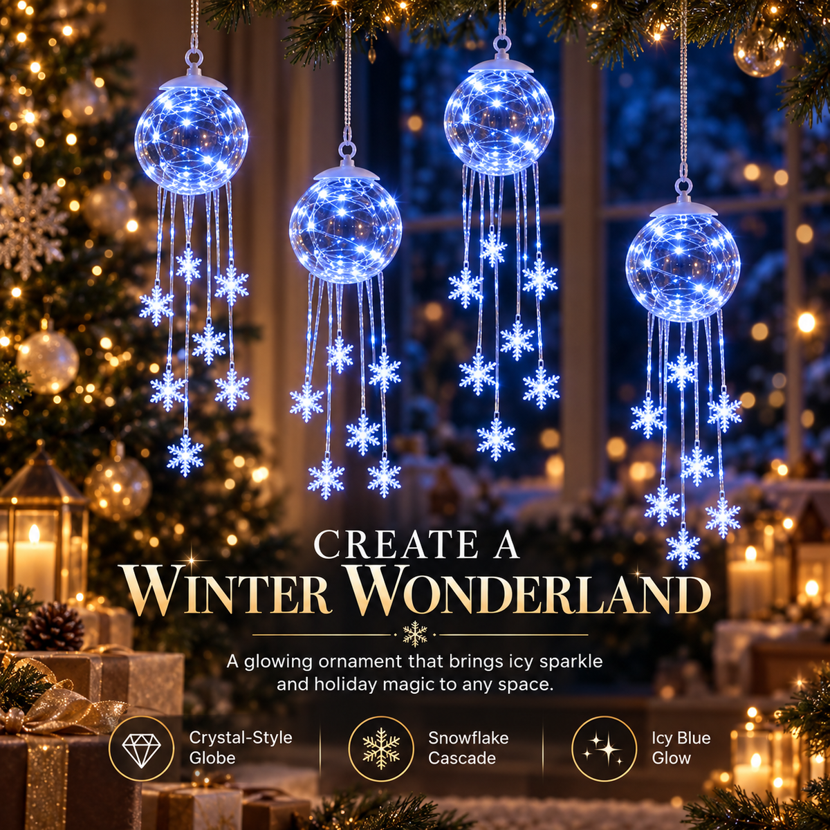 Icy Glow Crystal Globe Snowflake Hanging Ornament – Christmas Winter Light Décor