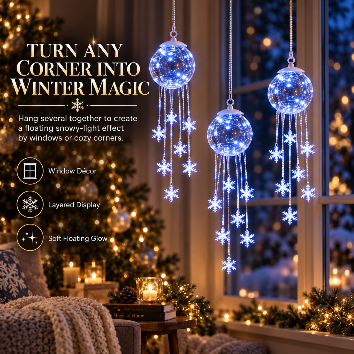 Icy Glow Crystal Globe Snowflake Hanging Ornament – Christmas Winter Light Décor