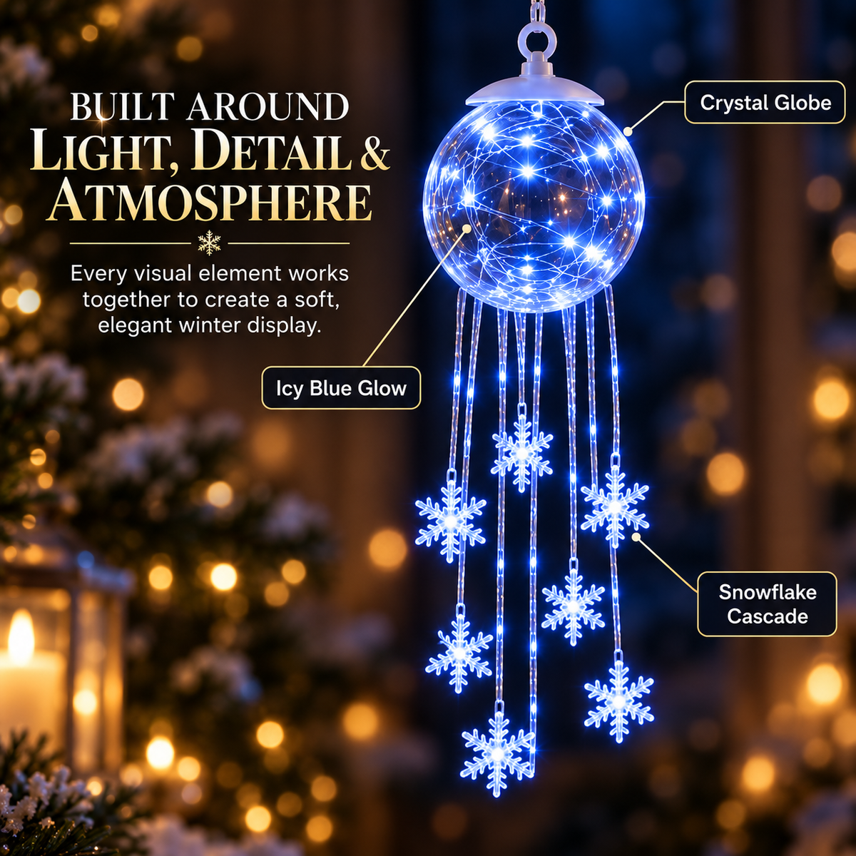 Icy Glow Crystal Globe Snowflake Hanging Ornament – Christmas Winter Light Décor