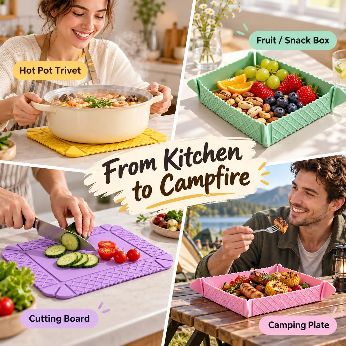 ✨ 3-in-1 Magnetic Silicone Trivet, Cutting Board & Foldable Serving Tray