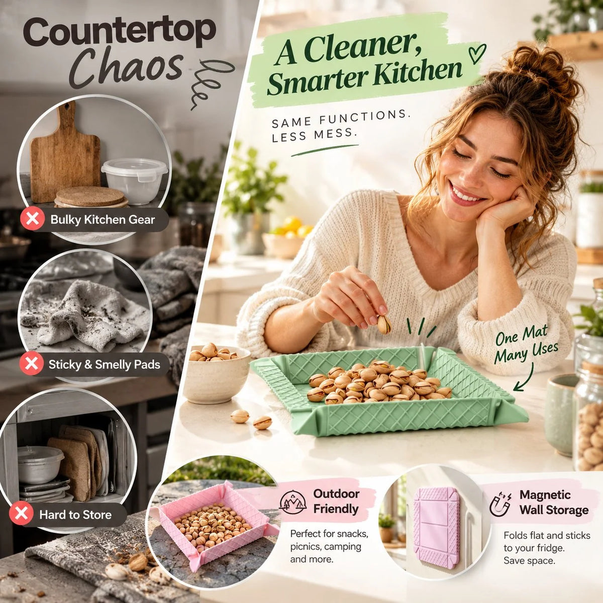 ✨ 3-in-1 Magnetic Silicone Trivet, Cutting Board & Foldable Serving Tray
