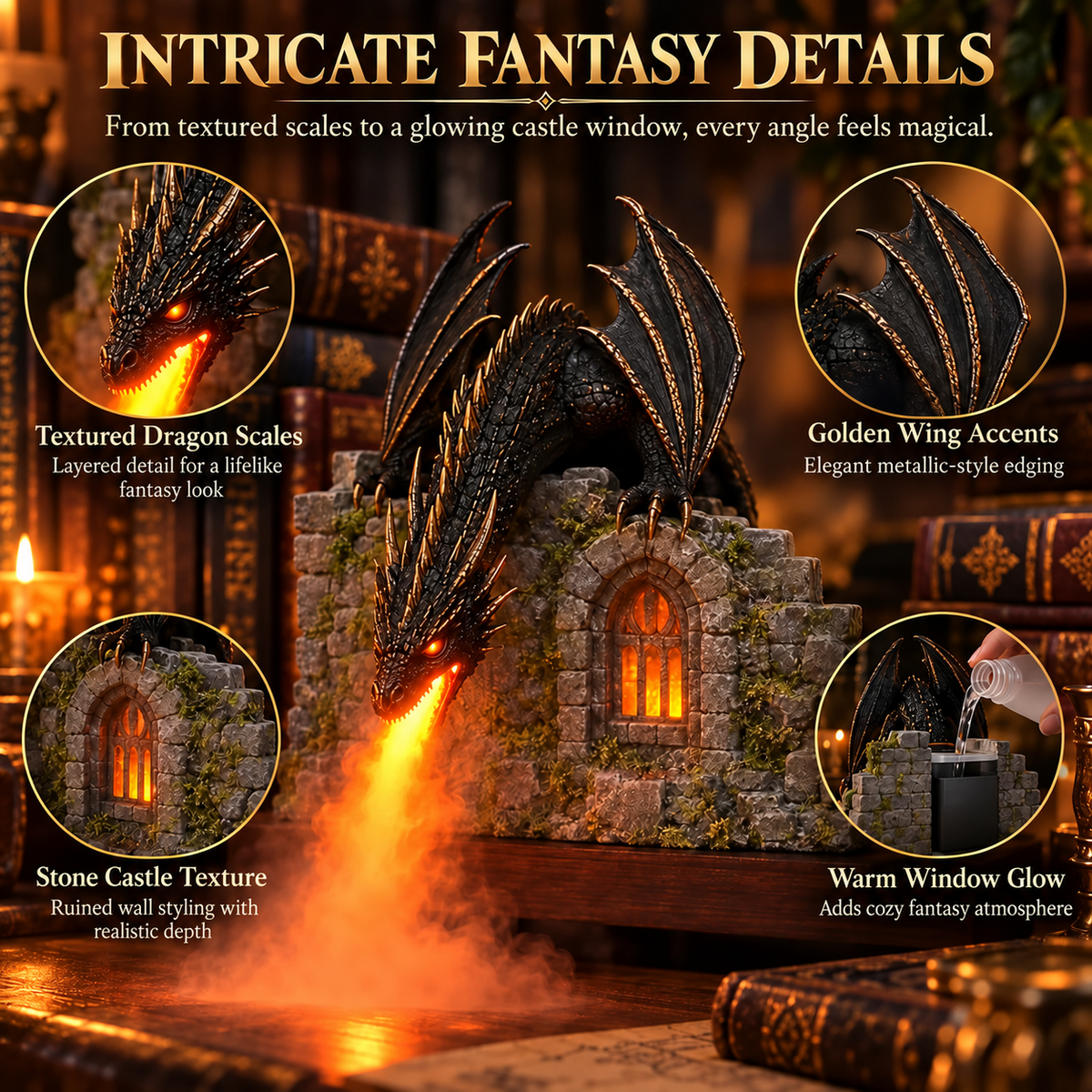 🐉 Drachen-Luftbefeuchter mit Flammeneffekt – Fantasy-Zauber für Ihre Leseecke