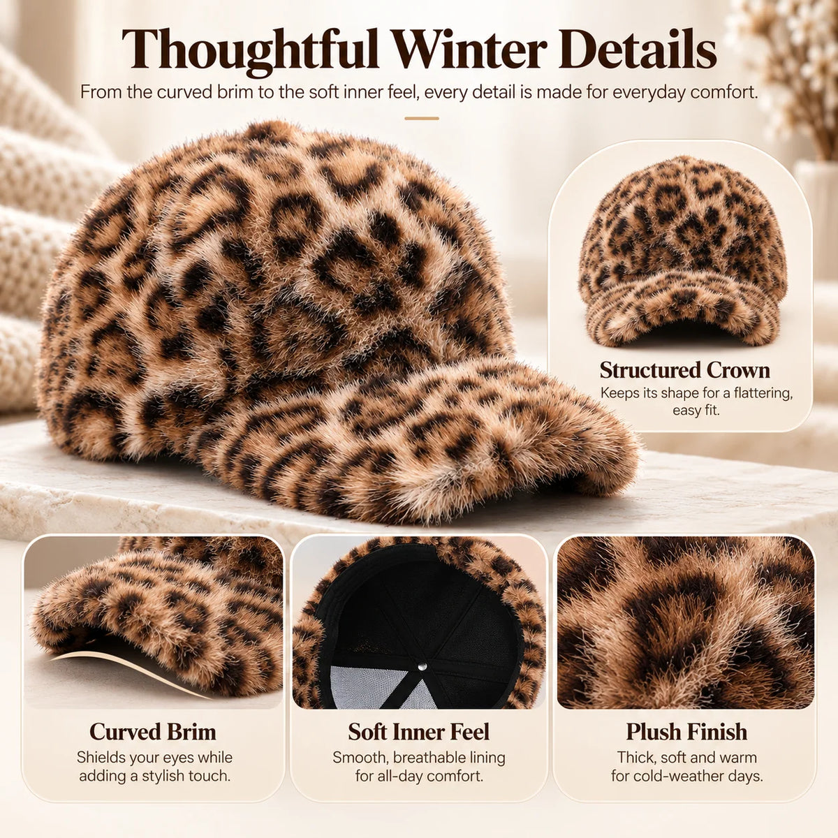 ✨Unisex Plush Snapback Baseball Cap – Extra Thick Warm Fluffy Winter Hat, Adjustable Fit