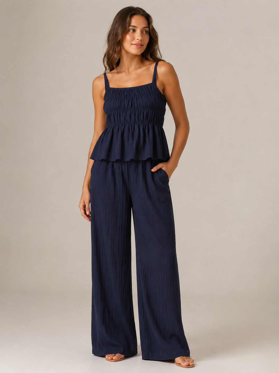 🔥 Limited-Time Sale  Women’s Solid Color Cami Top & Wide-Leg Pants 2-Piece Set