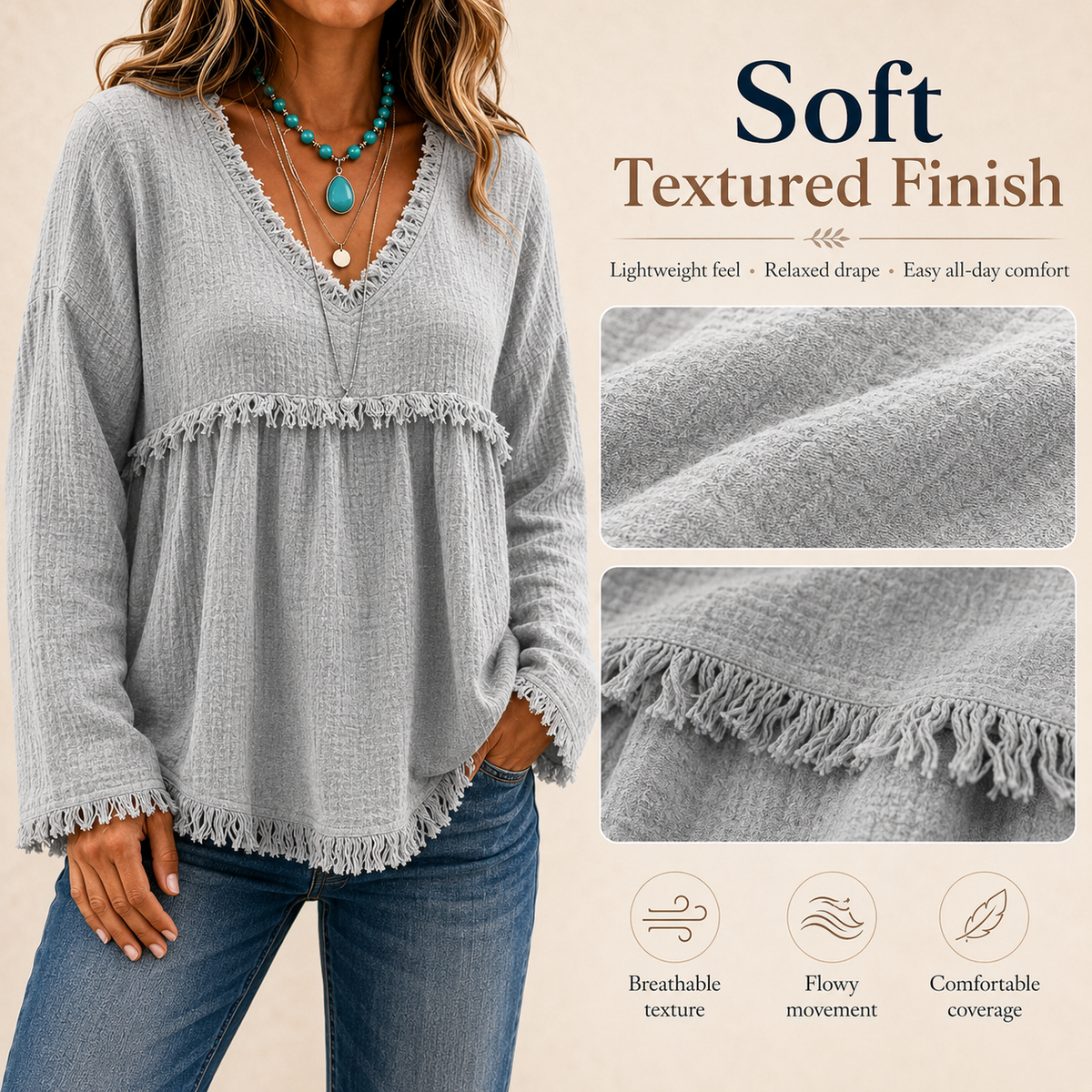 🌾Boho Fringe V-Neck Top – Flowy, Loose & Tassel Hem