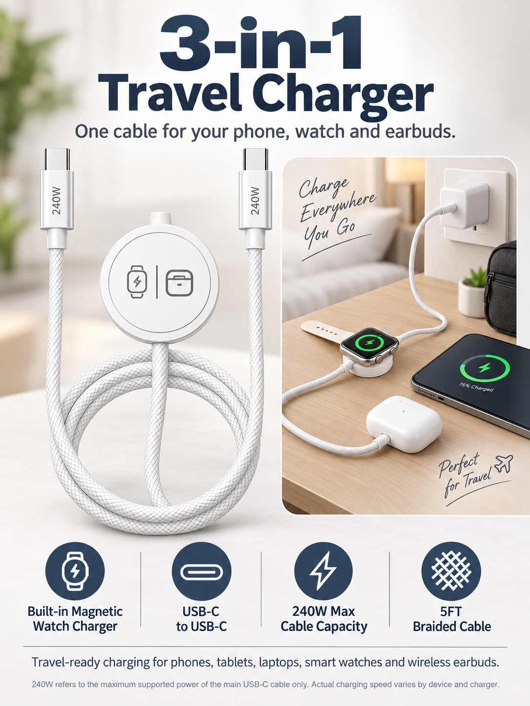 🔌240W 3-in-1 USB-C Travel Charger -Magnetic Watch Charging + 5FT Braided Cable