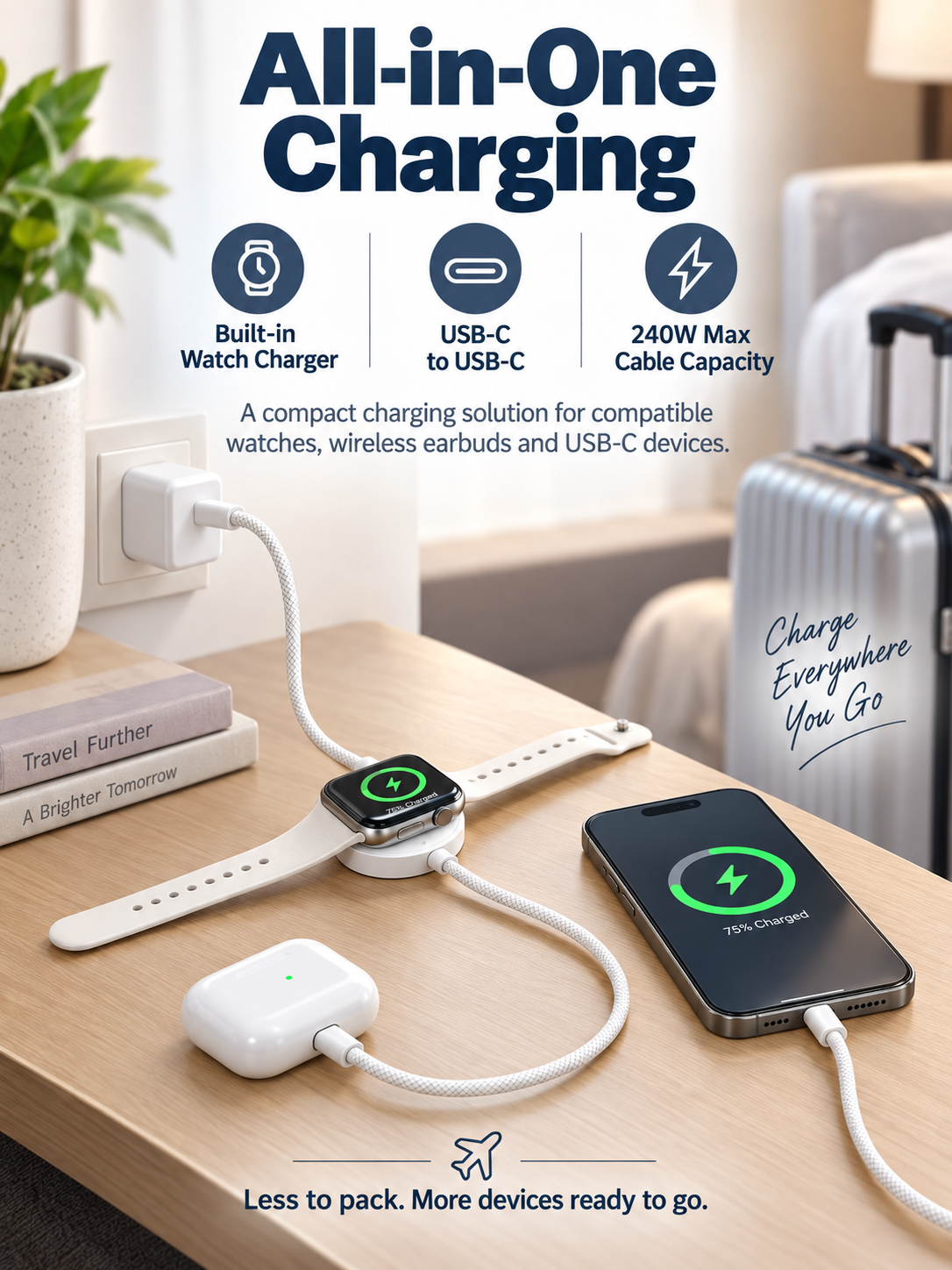 🔌240W 3-in-1 USB-C Travel Charger -Magnetic Watch Charging + 5FT Braided Cable