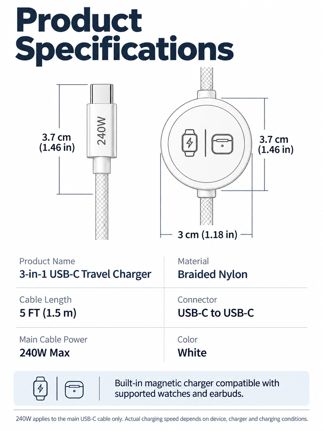 🔌240W 3-in-1 USB-C Travel Charger -Magnetic Watch Charging + 5FT Braided Cable