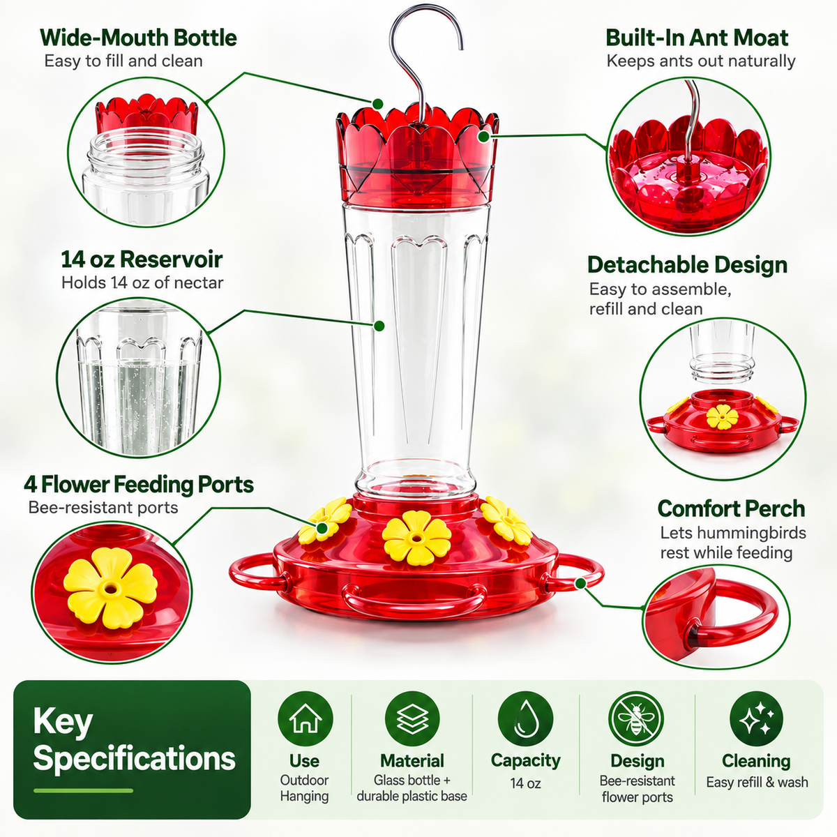 Hummingbird Feeder – 14 OZ Glass Outdoor Hummingbird Feeder