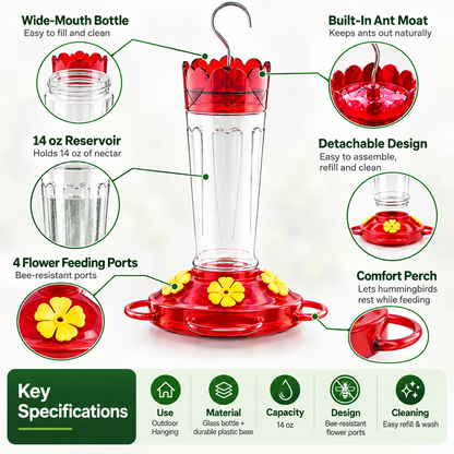 Hummingbird Feeder – 14 OZ Glass Outdoor Hummingbird Feeder