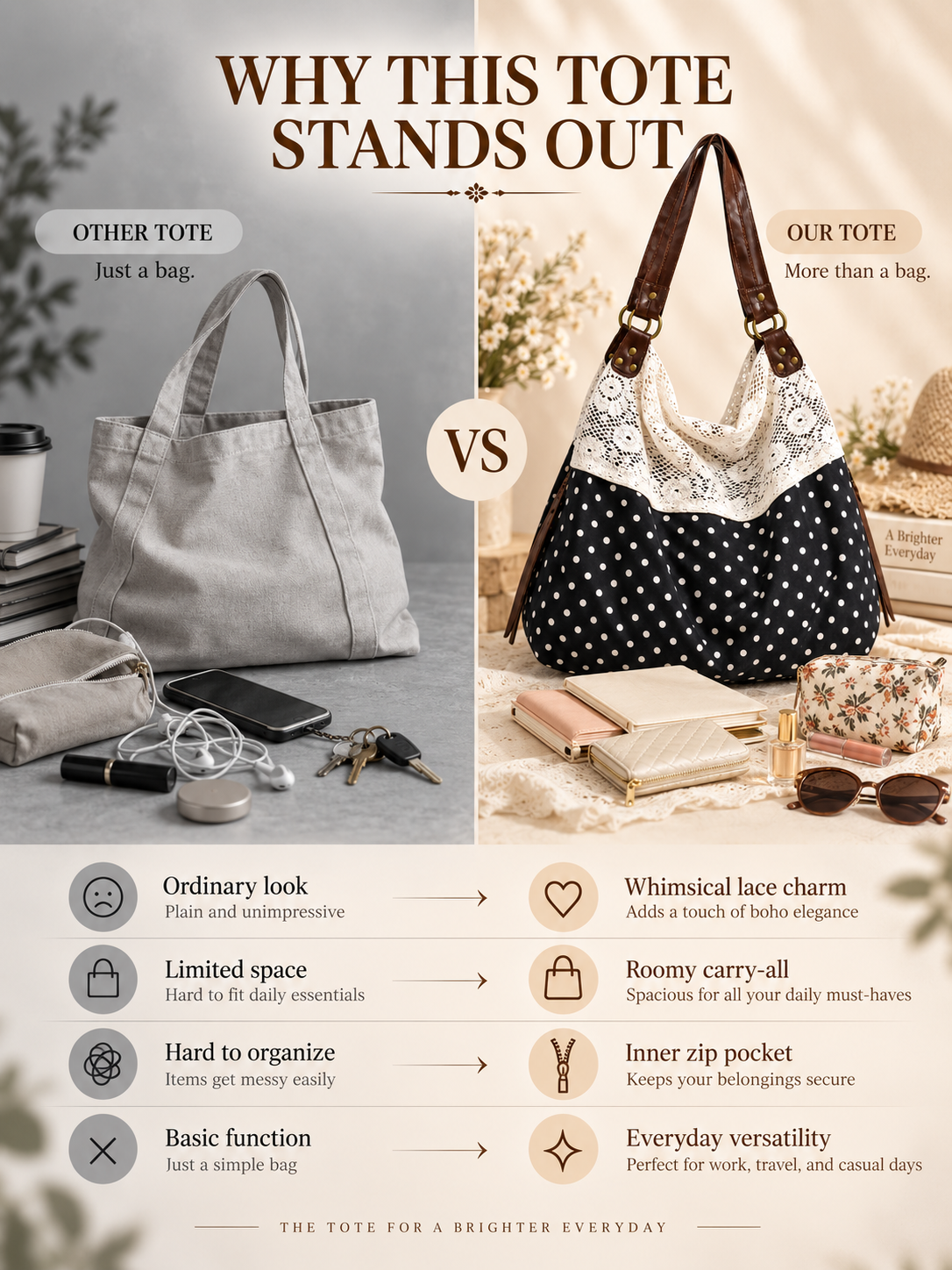 ✨Polka Dot Lace Slouchy Hobo Tote Bag for Women