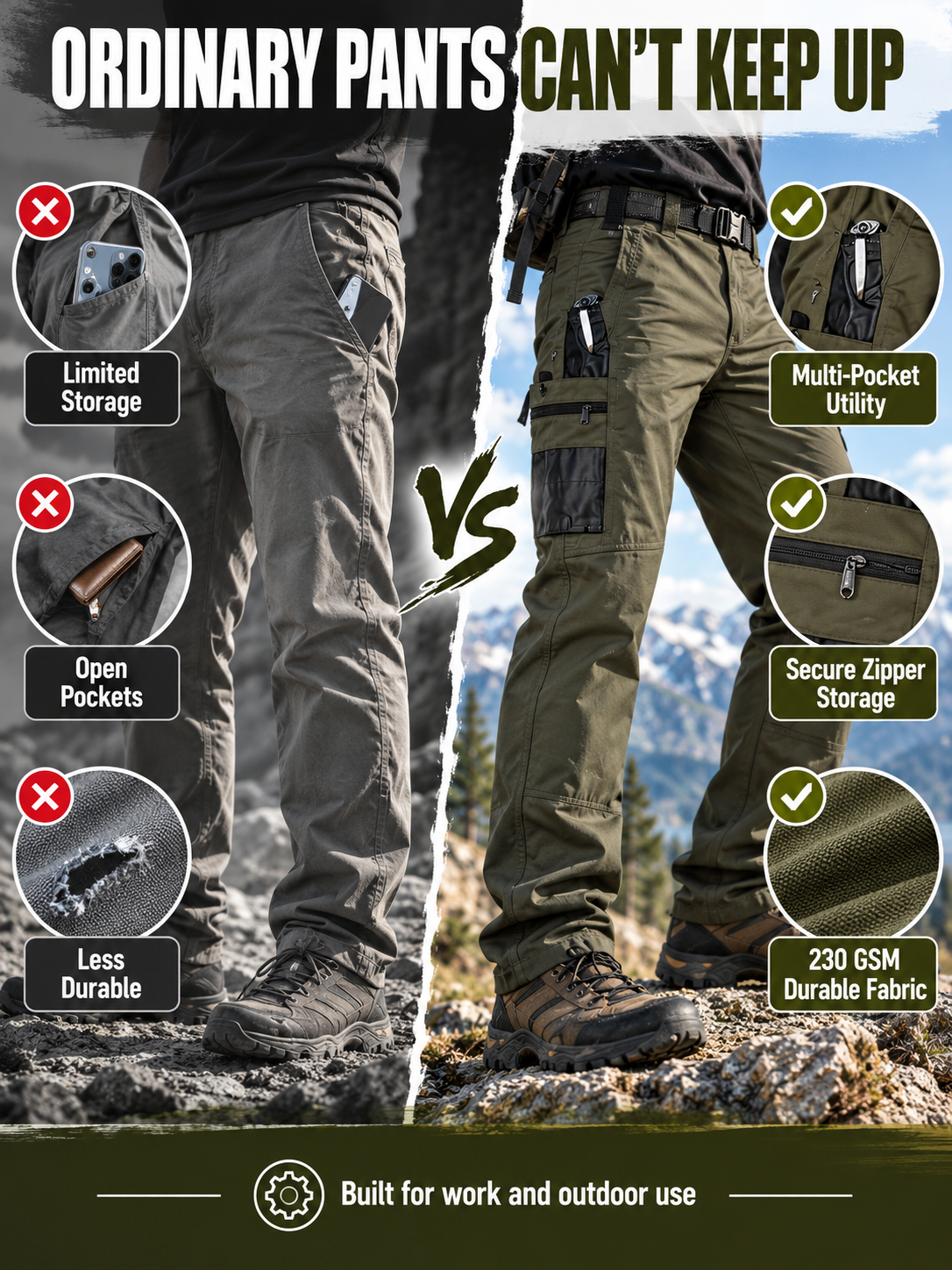 ✨Men's Tactical Cargo Work Pants – Water-Resistant Multi-Pocket Utility for Hiking & Outdoor