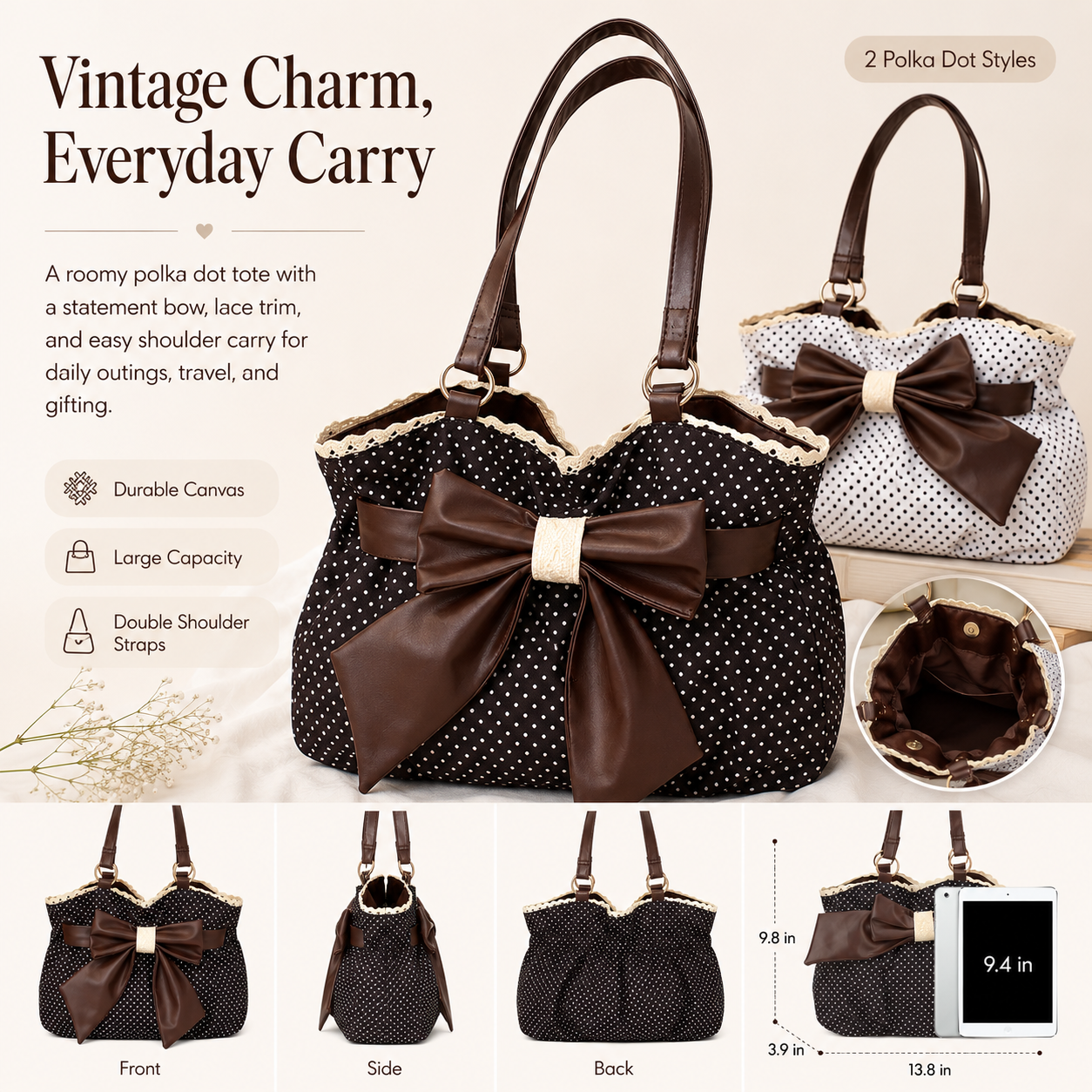 👜 Women's Casual Shoulder Tote – Polka Dot Print, Big Bow Detail, Large Capacity for Gym & Outdoors