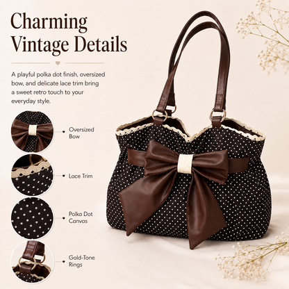 👜 Women's Casual Shoulder Tote – Polka Dot Print, Big Bow Detail, Large Capacity for Gym & Outdoors