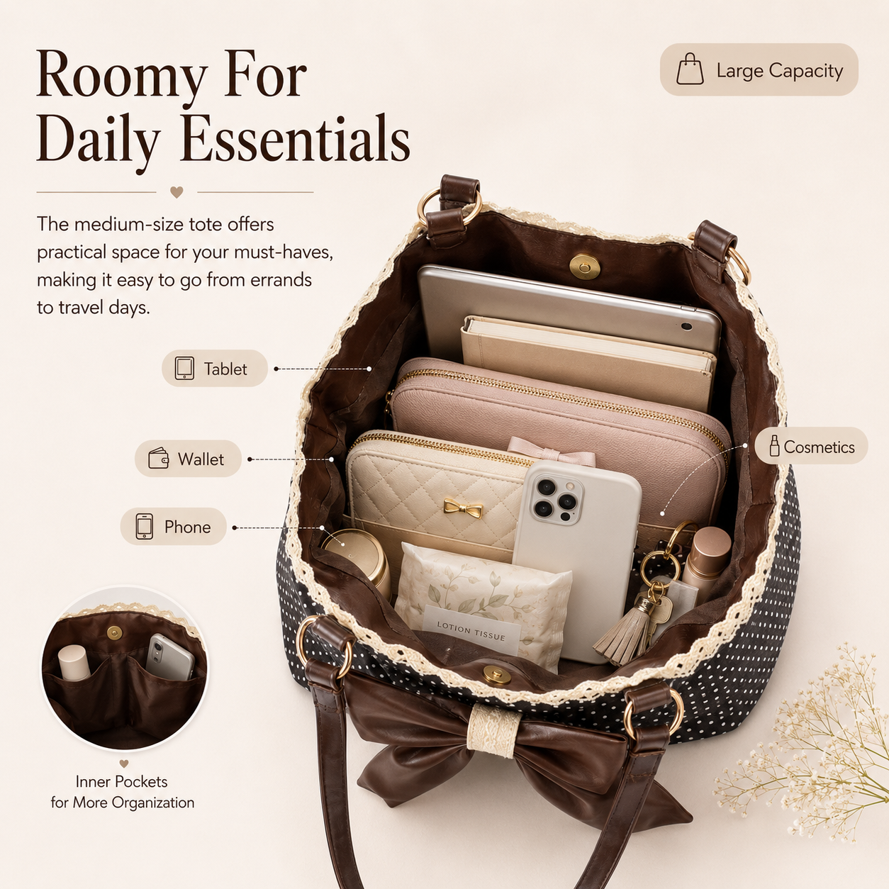 👜 Women's Casual Shoulder Tote – Polka Dot Print, Big Bow Detail, Large Capacity for Gym & Outdoors