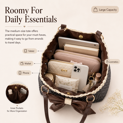 👜 Women's Casual Shoulder Tote – Polka Dot Print, Big Bow Detail, Large Capacity for Gym & Outdoors