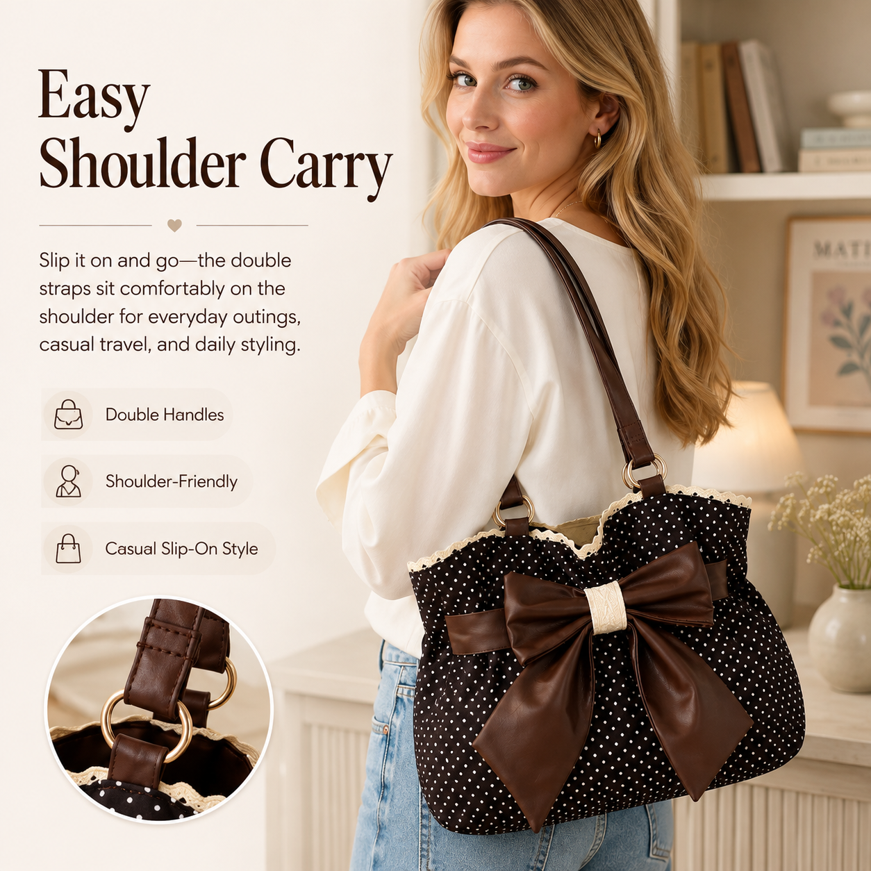 👜 Women's Casual Shoulder Tote – Polka Dot Print, Big Bow Detail, Large Capacity for Gym & Outdoors