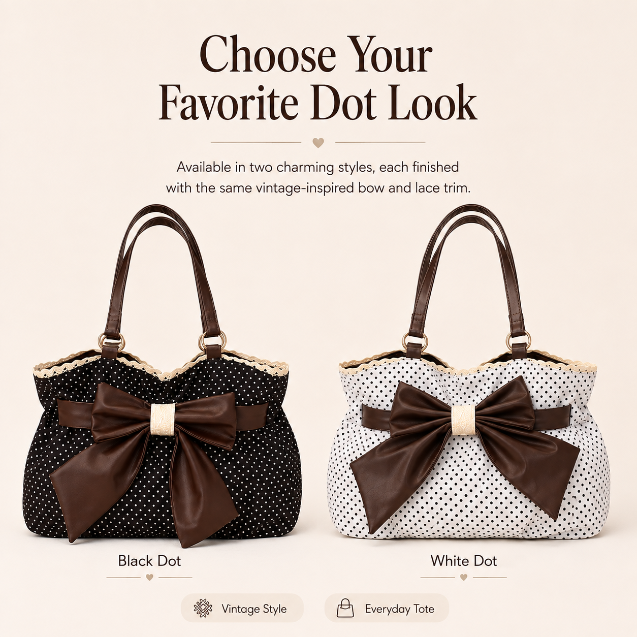 👜 Women's Casual Shoulder Tote – Polka Dot Print, Big Bow Detail, Large Capacity for Gym & Outdoors