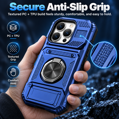 📱 Heavy-Duty Wallet Phone Case – 2-Card Slot + 360° Magnetic Ring Stand, All-Round Protection for Everyday Use