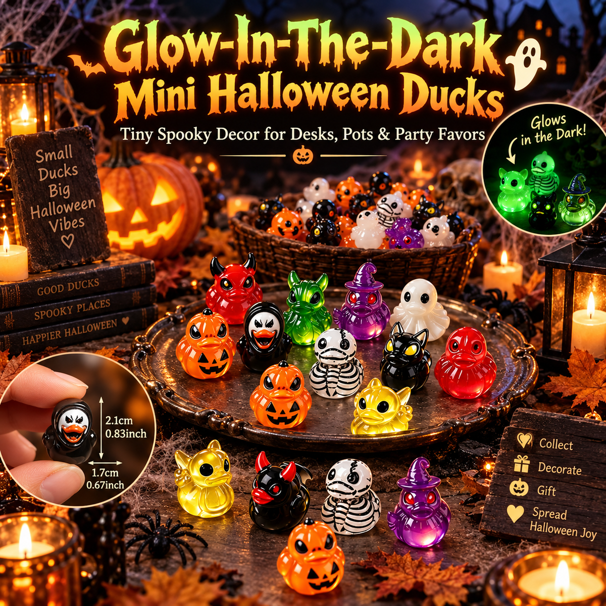 🎃 Glow-in-the-Dark Halloween Ducks – Devil, Ghost & Skeleton Mini Resin Figurines, Spooky Desk Decor & Party Favors