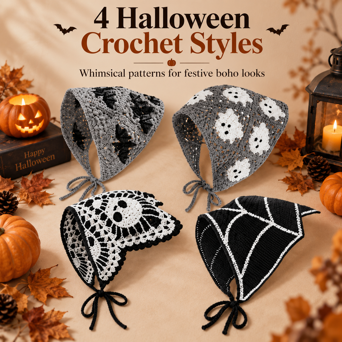 🎃 Halloween Triangle Bandana – Boho Crochet Head Wrap with Spooky Ghost/Bat Print
