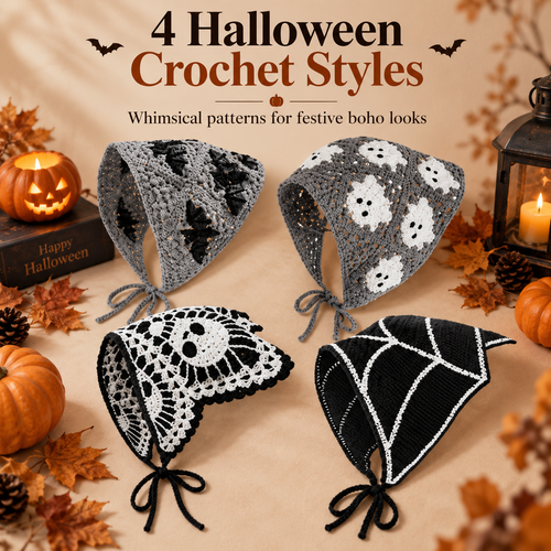 🎃 Halloween Triangle Bandana – Boho Crochet Head Wrap with Spooky Ghost/Bat Print