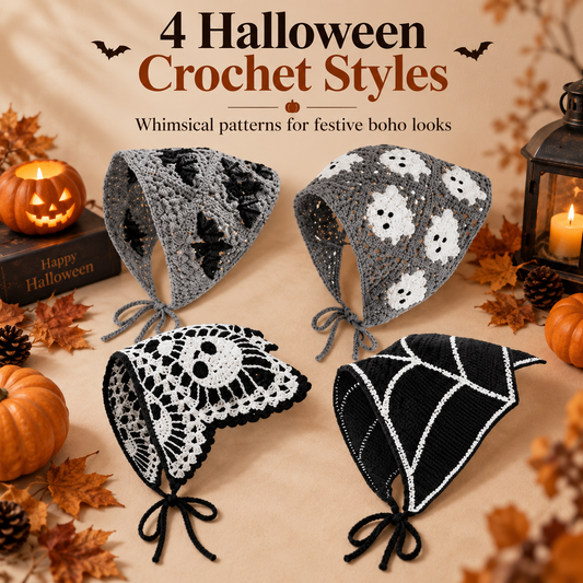🎃 Halloween Triangle Bandana – Boho Crochet Head Wrap with Spooky Ghost/Bat Print
