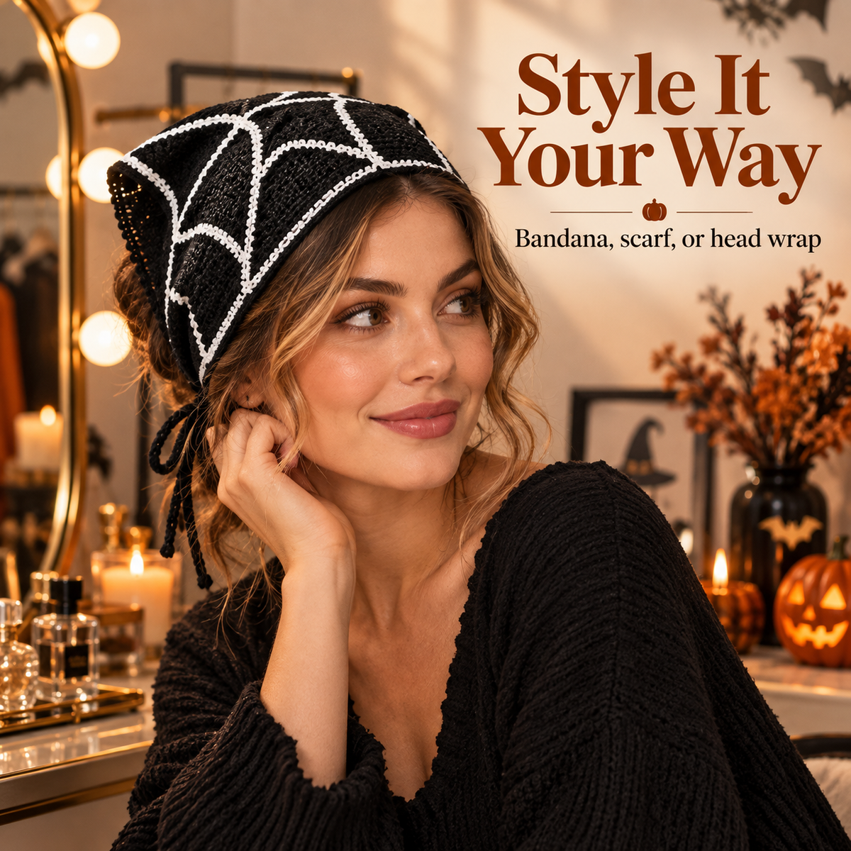 🎃 Halloween Triangle Bandana – Boho Crochet Head Wrap with Spooky Ghost/Bat Print