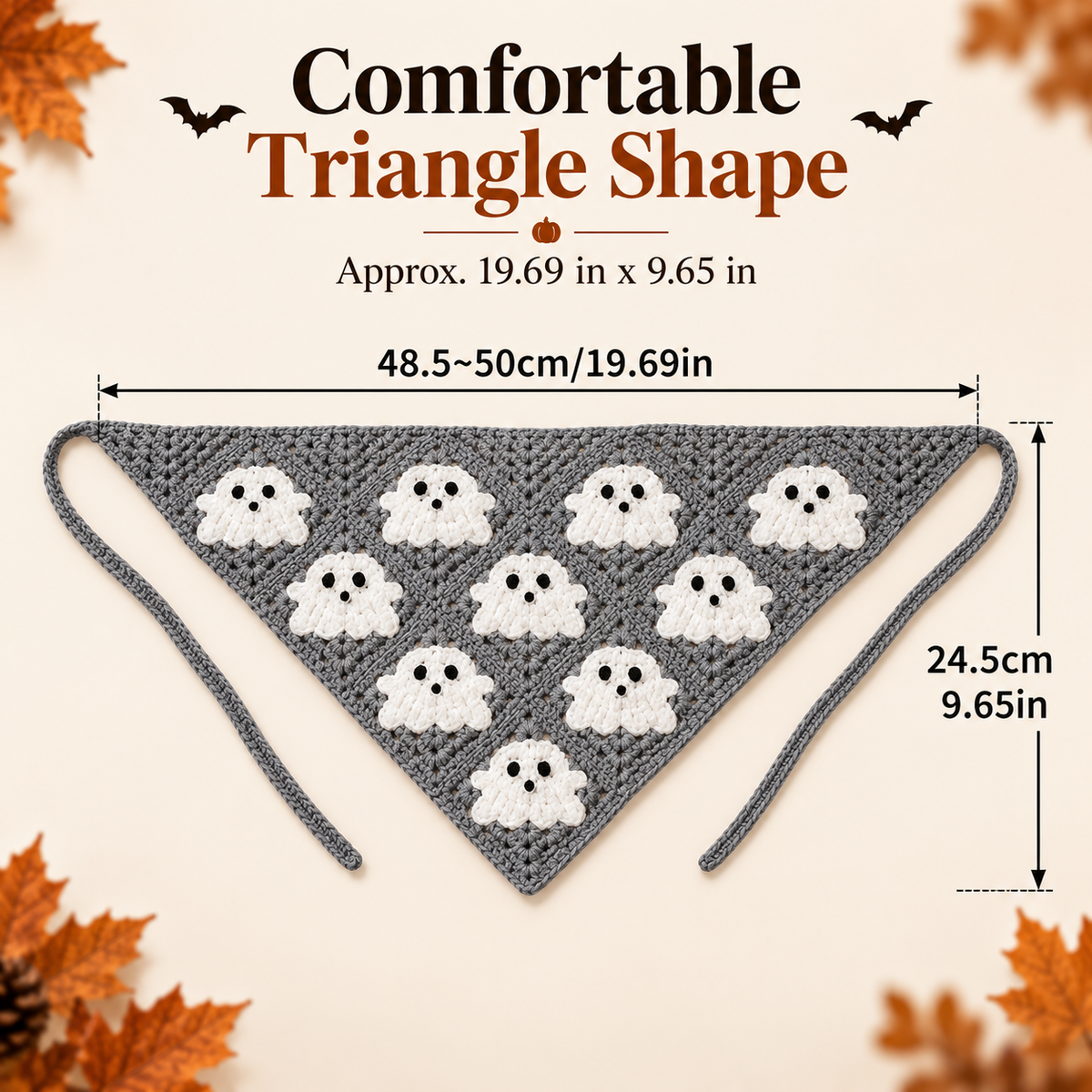 🎃 Halloween Triangle Bandana – Boho Crochet Head Wrap with Spooky Ghost/Bat Print