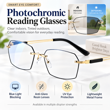 👓 Auto-Tint Senior Readers – BlueLight Blocking + UV Protection, Lightweight Metal Frame
